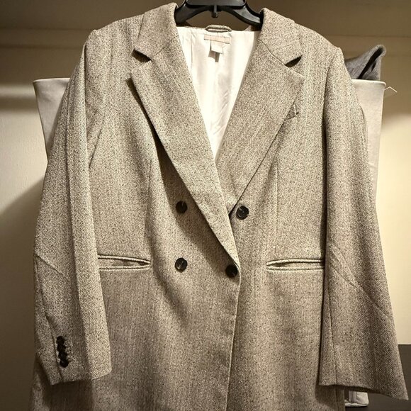 H&M Double-breasted blazer - Greige/Herringbone-patterned - Size Large - Picture 3 of 12